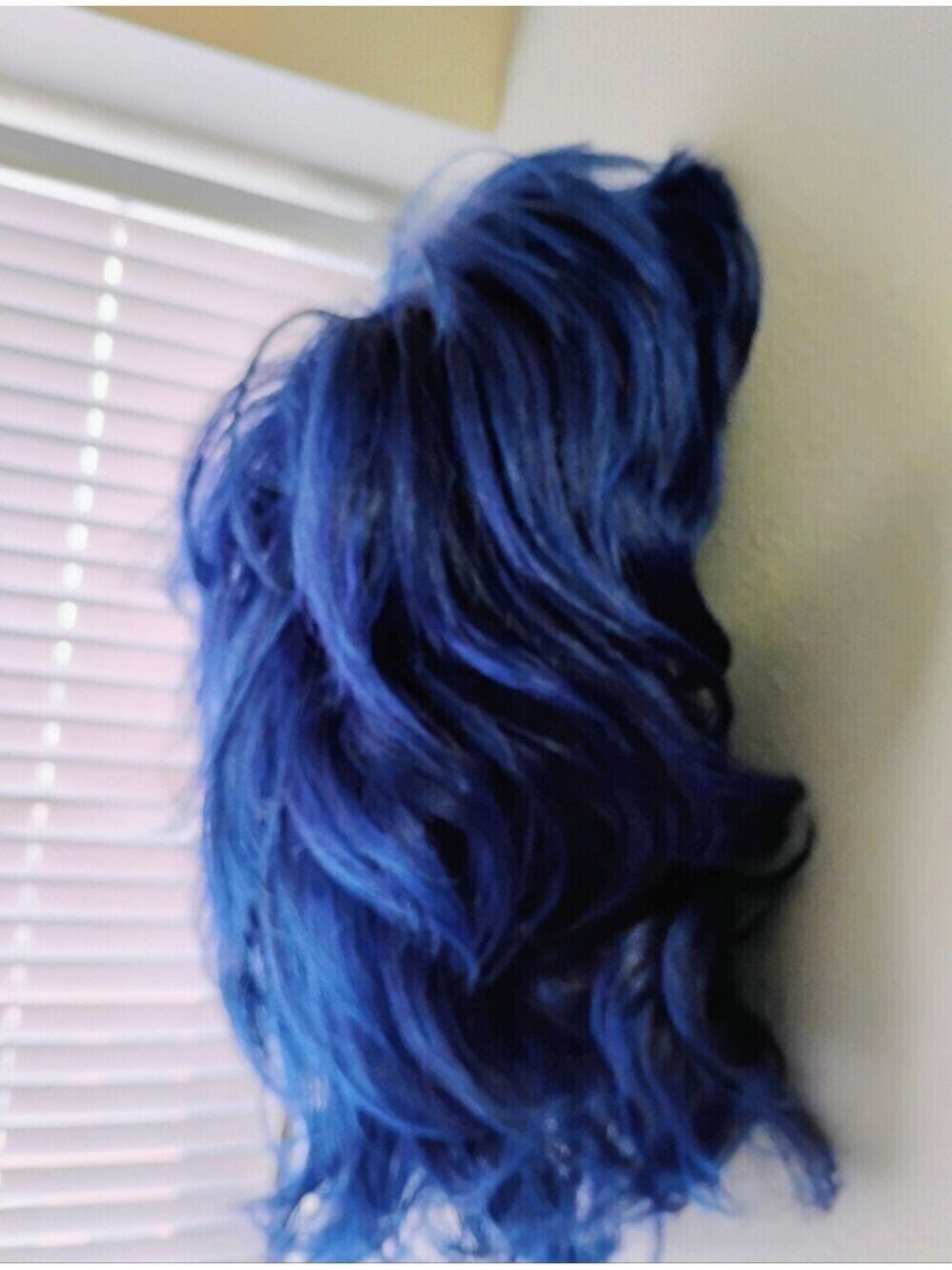 Blue Wig With Black Roots Layered With Bangs - Picture 2 of 4